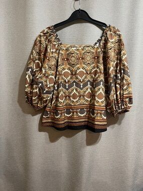Porridge Clothing Boho Printed Square Neck Puff Sleeve Cotton Top Peasant